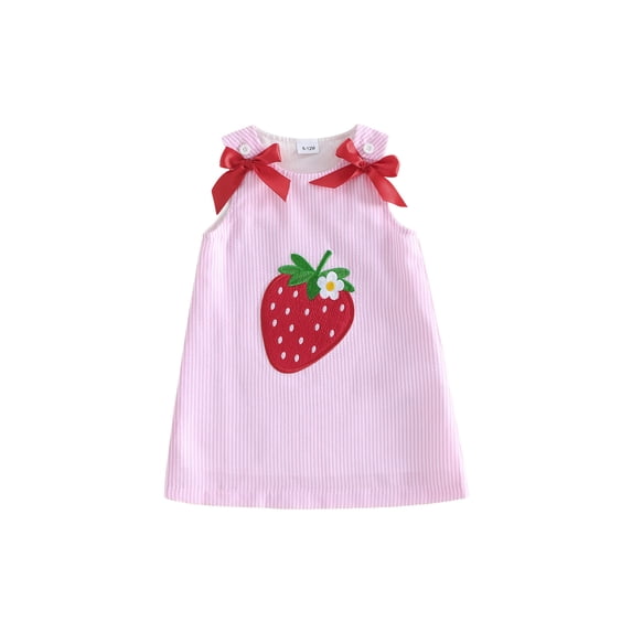 BemeyourBBs Toddler Baby Girl Summer Tank Dress Overalls 6 12 18 24 Months 2 3 4 Years Infant Baby Girl Strawberry Dress Embroidery Sleeveless Bow Decor Striped Casual Dress