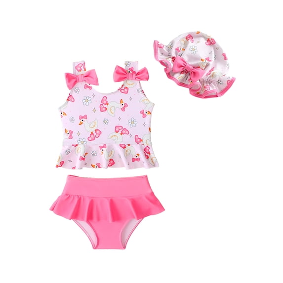 BemeyourBBs Toddler Baby Girl Swimsuit Infant Bathing Suit 3 Pieces Swimsuits Bow Tank Top with Ruffle Shorts Set Sun Hat Rash Guard Swimwear Summer Beach Wear