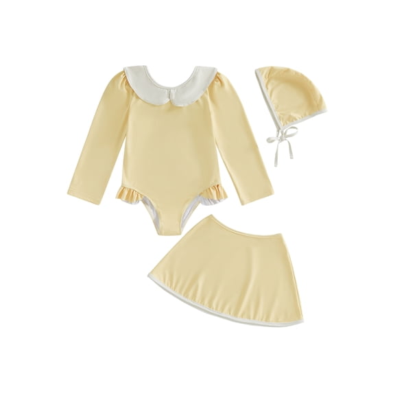 BemeyourBBs Toddler Baby Girl Swimsuit Infant Bathing Suit 3 Pieces Swimsuits Swim Dress Ruffle Long Sleeve Backless Top with Skirt Set Sun Hat Rash Guard Swimwear Summer Beach Wear