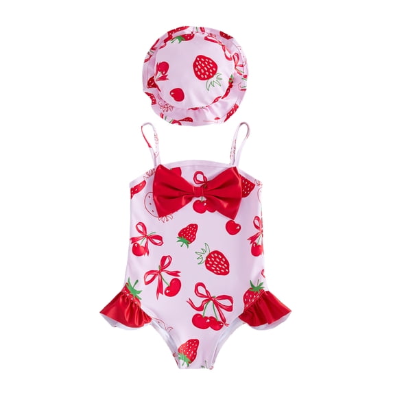 BemeyourBBs Toddler Baby Girl Swimsuit Infant Bathing Suit One-piece Swimsuits With Sun Hat Set Front Bow Rash Guard Spaghetti Strap Swimwear Summer Beach Wear