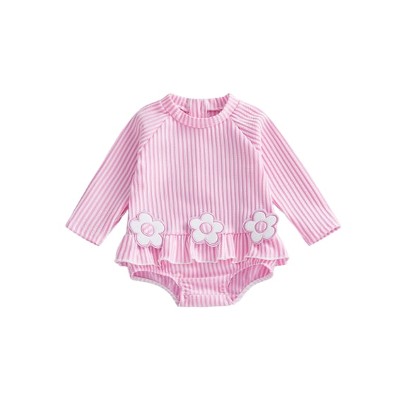 BemeyourBBs Toddler Baby Girl Swimsuit Newborn Infant Bathing Suit One-Piece Swimsuits Flower Striped Rash Guard Long Sleeve Zipper Swimwear Summer Beach Wear