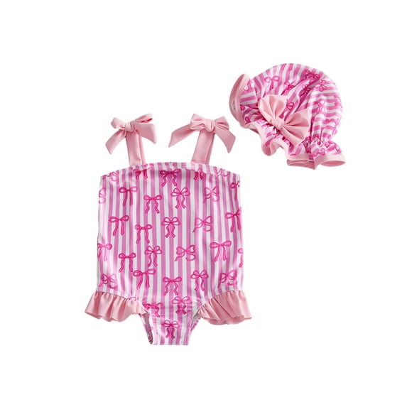 BemeyourBBs Toddler Baby Girl Swimsuit One Piece Swimsuit Infant Girl Bathing Suit Strawberr Bow Cherry Print Sleeveless Tie Shoulder Swimwear with Swim Cap Summer Beachwear