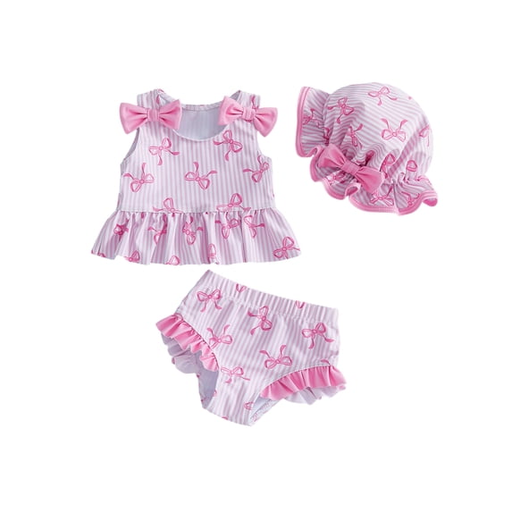 BemeyourBBs Toddler Baby Girl Two Piece Swimsuit with Swim Cap Infant Girls Bathing Suit Summer Swimwear Bow Stripe Print Swimming Tank Tops Ruffled Shorts Set Beachwear