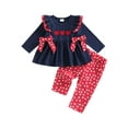thumbnail image 1 of BemeyourBBs Toddler Baby Girl Valentines Day Outfit Bows Love Heart Pattern Ruffled Trim Long Sleeve Tunic Shirt Tops and Pants Set 2 Pcs Spring Clothes, 1 of 8