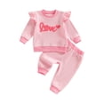 thumbnail image 1 of BemeyourBBs Toddler Baby Girl Valentines Day Outfits Cute Girls Fall Winter Spring Clothes Sweatsuit Love Letters Embroidery Ruffle Long Sleeve Sweatshirt with Pants Set, 1 of 9