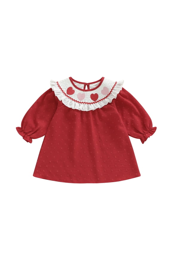 Toddler Baby Girl Valentines Day Red Dress Valentine Outfit Heart Embroidered Long Sleeve Spring Summer Babydoll Smocked Dress