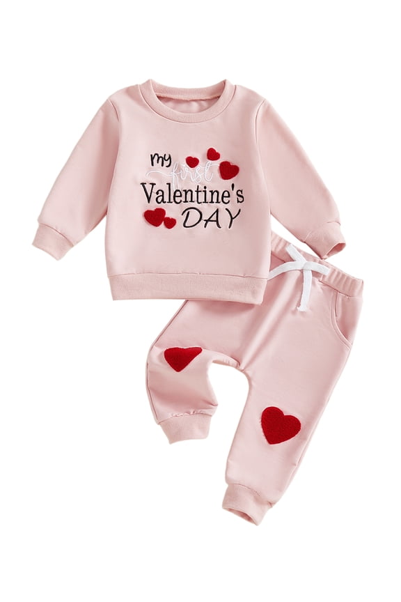 Toddler Baby Girl Valentines Outfit My First Valentines Day Embroidered Sweatshirt Tops and Pants Set