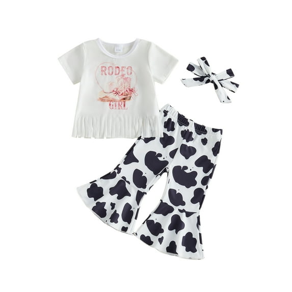 BemeyourBBs Toddler Baby Girl Western Cowgirl Outfits Print Tassel Hem Short Sleeve T Shirt Tops Cow Skin Printed Bell Bottoms Flare Pants Set Headband 3Pcs Summer Clothes