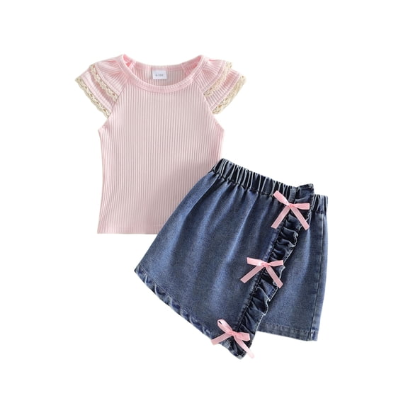 BemeyourBBs Toddler Baby Girls 2-Piece Summer Clothes Infant Baby Girl Denim Outfit Lace Trim Flying Sleeve Ribbed Shirt Tops Ruffled Denim Skirt Set with Bow Decor