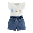 thumbnail image 1 of BemeyourBBs Toddler Baby Girls 2 Piece Summer Clothes Infant Baby Girl Denim Outfit Ruffle Short Sleeve 3D Flower Decor Ribbed Shirt Tops and Pockets Jeans Denim Shorts Sets, 1 of 9