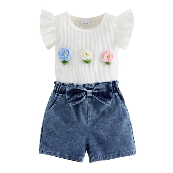 BemeyourBBs Toddler Baby Girls 2 Piece Summer Clothes Infant Baby Girl Denim Outfit Ruffle Short Sleeve 3D Flower Decor Ribbed Shirt Tops and Pockets Jeans Denim Shorts Sets