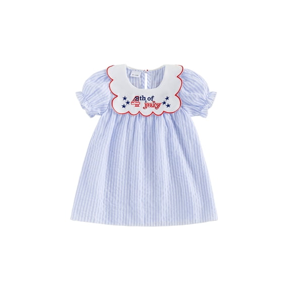 BemeyourBBs Toddler Baby Girls 4th of July Dress Outfit Infant Baby Girls Independent Day Summer Clothes Patriot Letter Star Embroidery Puff Short Sleeve Round Neck Striped Dress