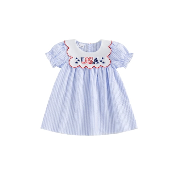 BemeyourBBs Toddler Baby Girls 4th of July Dress Outfit Infant Baby Girls Independent Day Summer Clothes Patriot Letter Star Embroidery Puff Short Sleeve Round Neck Striped Dress