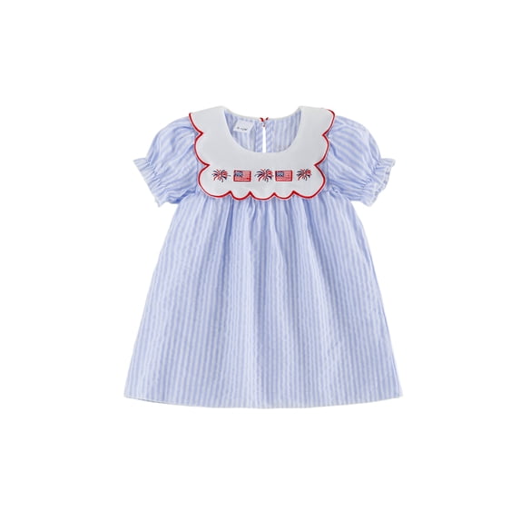 BemeyourBBs Toddler Baby Girls 4th of July Dress Outfit Infant Baby Girls Independent Day Summer Clothes Patriot Letter Star Embroidery Puff Short Sleeve Round Neck Striped Dress