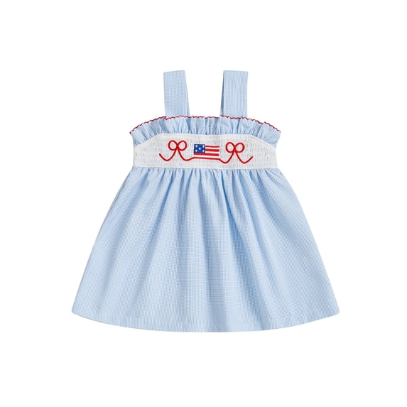 BemeyourBBs Toddler Baby Girls 4th of July Dress Outfit Patriot Fourth of July Independence Day Clothes Flag Embroidery Strap Plaid Gingham Casual Summer Smocked Dress Outfits