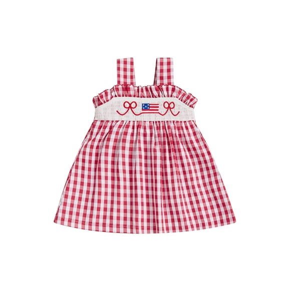 BemeyourBBs Toddler Baby Girls 4th of July Dress Outfit Patriot Fourth of July Independence Day Clothes Flag Embroidery Strap Plaid Gingham Casual Summer Smocked Dress Outfits