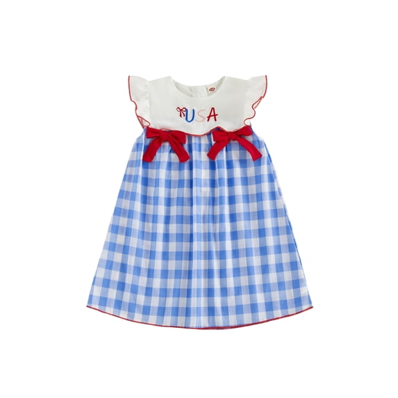 BemeyourBBs Toddler Baby Girls 4th of July Dress Outfit Patriot Independent Day Clothes Little Girl Summer Gingham Dress Casual USA Letter Embroidery Plaid Flutter Sleeves Dress Sundress