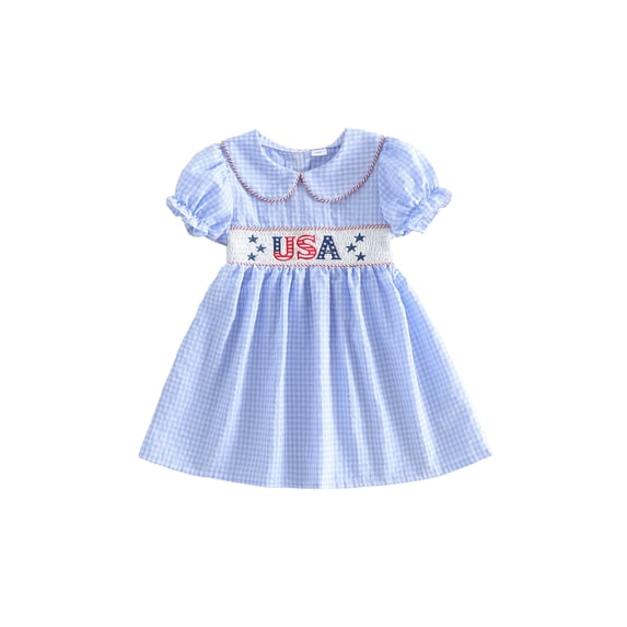 BemeyourBBs Toddler Baby Girls 4th of July Dress Patriot Independent Day Summer Smocked Dress Firework USA Flag Letter Embroidery Petter Pan Doll Collar Short Sleeve Gingham Plaid Dress