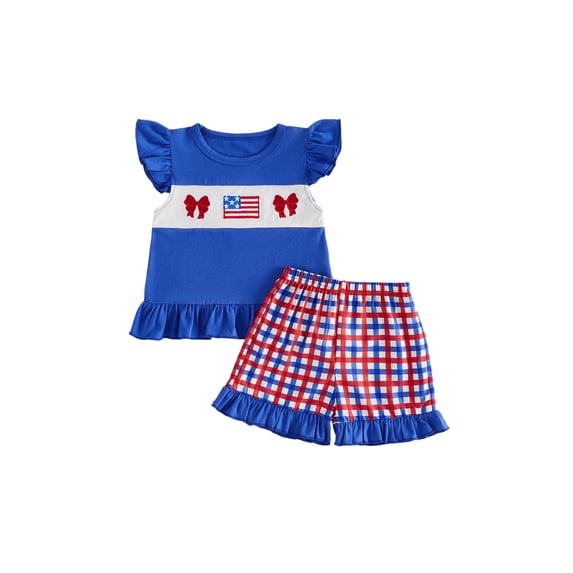 BemeyourBBs Toddler Baby Girls 4th of July Outfit Patriot Independent Day Clothes Fly Sleeve Embroidery American Flag Bow T Shirt Tops with Plaid Shorts Set Toddler Baby Girl Summer Outfit