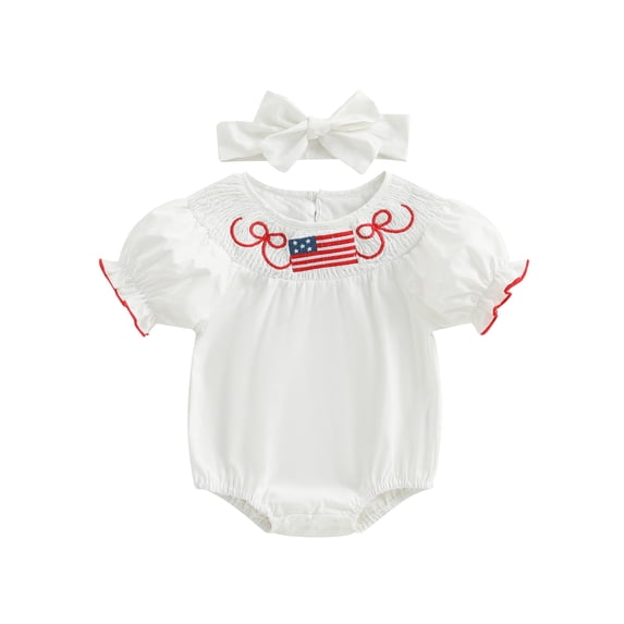 BemeyourBBs Toddler Baby Girls 4th of July Outfit Smocked Bubble Romper Patriotic Independence Day Summer Clothes American Flag Bow Star Plaid Short Sleeve Bodysuit Playsuit Jumpsuits Headband
