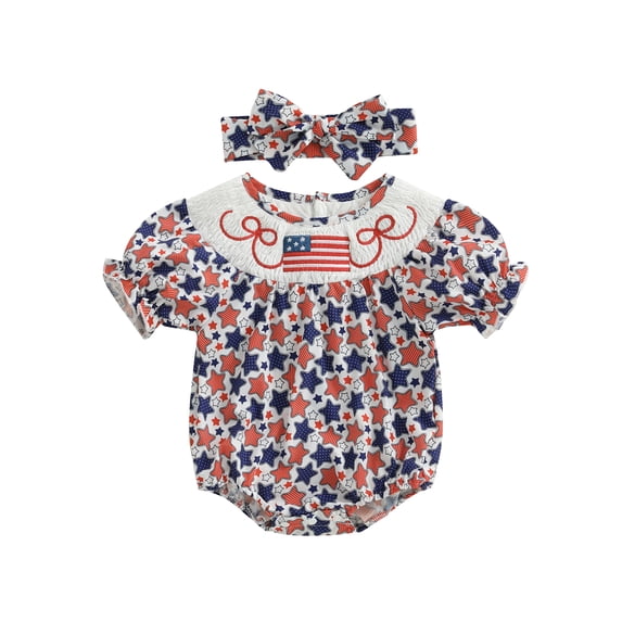 BemeyourBBs Toddler Baby Girls 4th of July Outfit Smocked Bubble Romper Patriotic Independence Day Summer Clothes American Flag Bow Star Plaid Short Sleeve Bodysuit Playsuit Jumpsuits Headband