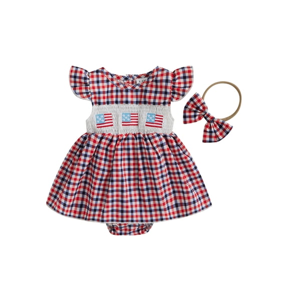 BemeyourBBs Toddler Baby Girls 4th of July Outfit Summer Smocked Rompers Dress Patriot Independence Day Clothes Star Print Fly Sleeve Bodysuits Jumpsuits Playsuit Dress with Headband