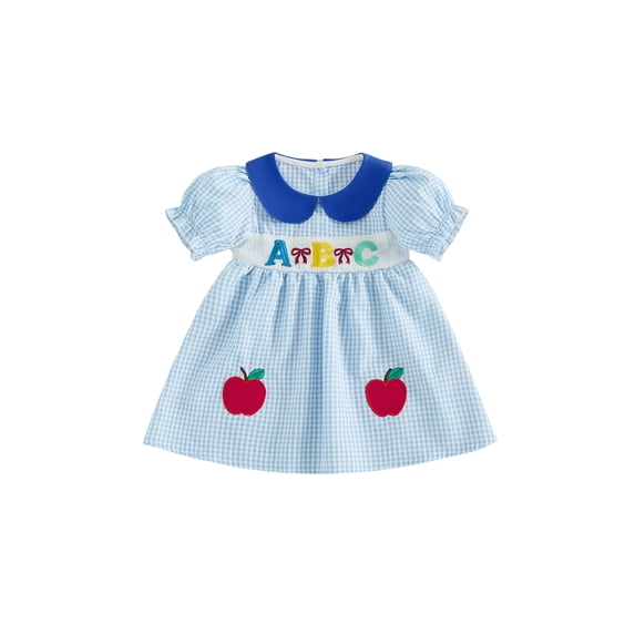 BemeyourBBs Toddler Baby Girls Back to School Dress Kids Kindergarten Outfits Baby Girl Summer Smocked Plaid Gingham Dress Puff Short Sleeve Doll Collar Apple Letter Bow Embroidered Casual Dress
