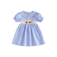 thumbnail image 1 of BemeyourBBs Toddler Baby Girls Back to School Outfit Kids Kindergarten Outfits Little Girl Smokced Dress Letters Apple Bow Embroidery Petter Pan Doll Collar Puff Short Sleeve Summer Plaid Dress, 1 of 9