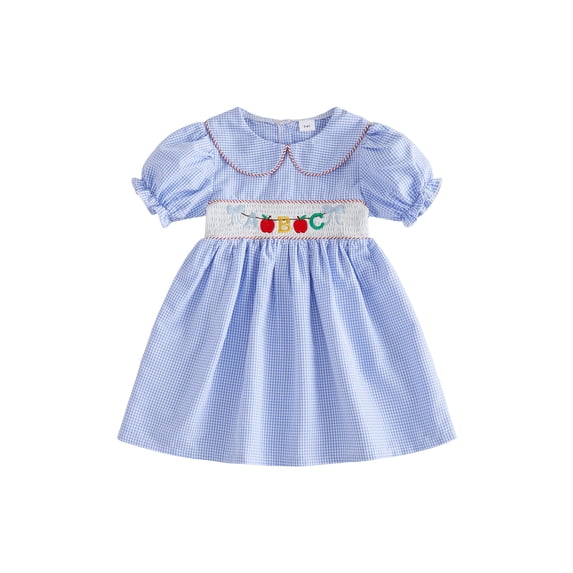 BemeyourBBs Toddler Baby Girls Back to School Outfit Kids Kindergarten Outfits Little Girl Smokced Dress Letters Apple Bow Embroidery Petter Pan Doll Collar Puff Short Sleeve Summer Plaid Dress