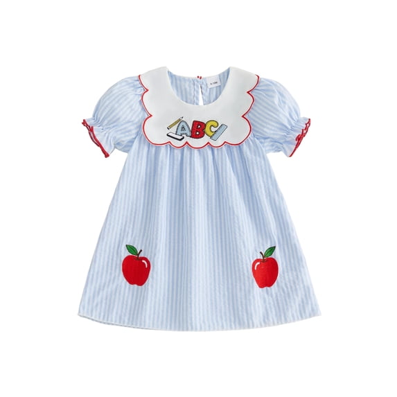 BemeyourBBs Toddler Baby Girls Back to School Outfit Kids Kindergarten Outfits Little Girl Summer Dress Letters Apple and Pencil Embroidery Puff Short Sleeve Striped Dress