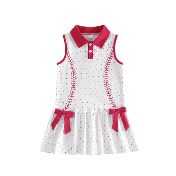 BemeyourBBs Toddler Baby Girls Baseball Dress Outfits Sleeveless Turn Down Collar Button Up Dots Print Bow Party Dress Little Girls Summer Dress