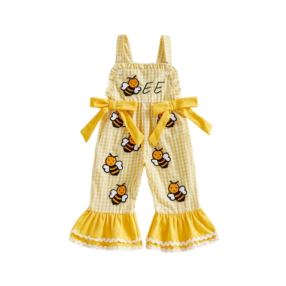 BemeyourBBs Toddler Baby Girls Bee Romper Overalls Jumpsuit Bell Bottoms Little Bee Embroidered Plaid Decorative Bow Sleeveless Playsuit Cute Spring Summer Clothes