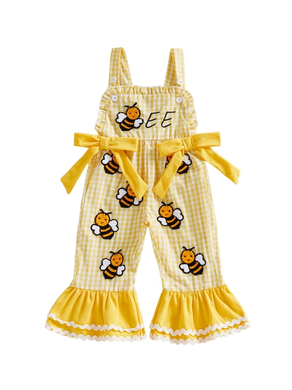 Toddler Baby Girls Bee Romper Overalls Jumpsuit Bell Bottoms Little Bee Embroidered Plaid Decorative Bow Sleeveless Playsuit Cute Spring Summer Clothes