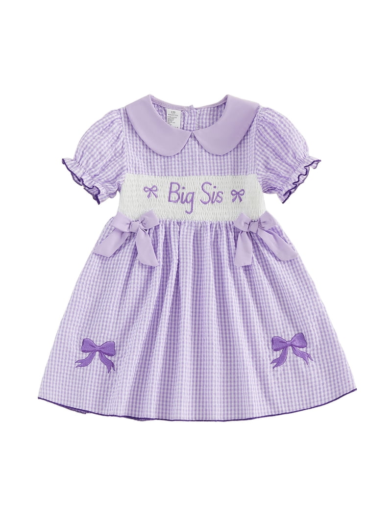 BemeyourBBs Toddler Baby Girls Big Sister Dress Outfit Spring Summer Plaid Gingham Dress Big Sis Letters Embroidery Short Puff Sleeve Doll Collar Bow Casual Dress Sundress