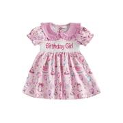 BemeyourBBs Toddler Baby Girls Birthday Dress Smocked Outfits 1st 2nd 3rd 4th 5th Years Old Birthday Summer Clothes Short Sleeve Doll Collar Letter Cake Balloons Print Princess Party Dress