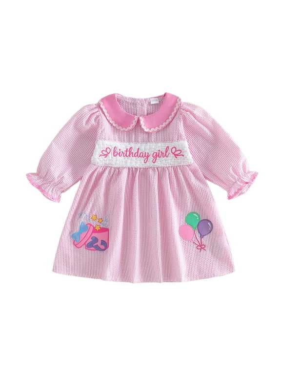 Toddler Baby Girls Birthday Dress Smocked Outfits 1st 2nd 3rd 4th 5th Years Old Birthday Summer Clothes Short Sleeve Doll Collar Letter Cake Balloons Print Princess Party Dress