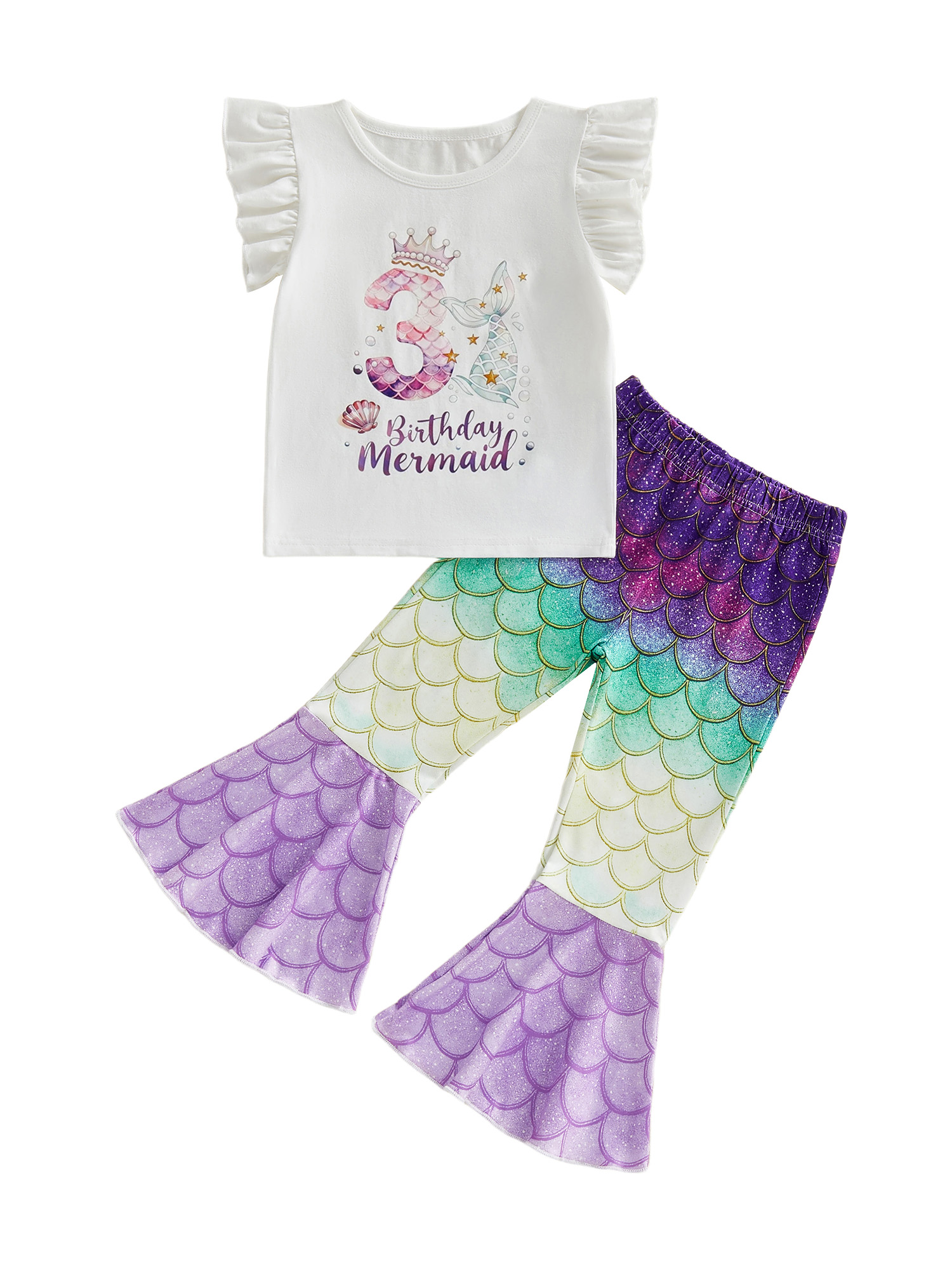Toddler Baby Girls Birthday Mermaid Outfits 1 2 3 4 Years Old Birthday Clothes Flying Sleeve Letters Crown Print T Shirt Tops Fish Scale Flare Pants Summer Clothing Sets