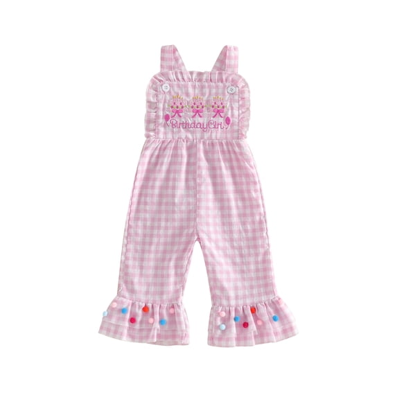 BemeyourBBs Toddler Baby Girls Birthday Outfit Romper Overalls 1 2 3 Years Old Birthday Clothes Little Girl Cami Jumpsuit Sleeveless Letter Balloon Embroidery Plaid Suspender Flared Pants
