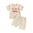 thumbnail image 1 of BemeyourBBs Toddler Baby Girls Birthday Outfits 1 2 3 4 Years Old Birthday Summer Clothes Short Sleeve Letters Bow Print T Shirt Tops and Elastic Waist Pockets Shorts Set, 1 of 8