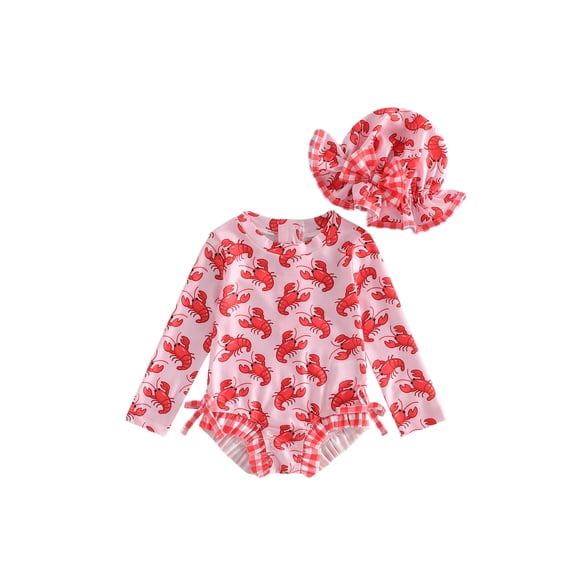 BemeyourBBs Toddler Baby Girls Crayfish One Piece Swimsuit Infant Bathing Suit Rash Guard With Hat 2 Pcs Set Lobster Print Plaid Ruffled Trim Long Sleeve Back Zipper Swimwears Summer Beachwear