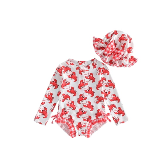 BemeyourBBs Toddler Baby Girls Crayfish One Piece Swimsuit Infant Bathing Suit Rash Guard With Hat 2 Pcs Set Lobster Print Plaid Ruffled Trim Long Sleeve Back Zipper Swimwears Summer Beachwear