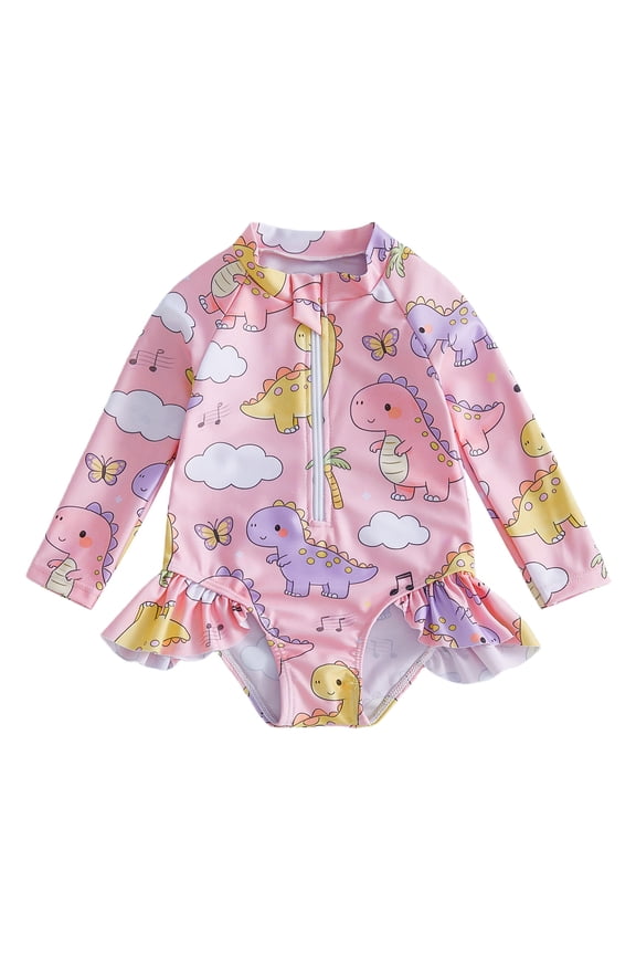 Toddler Baby Girls Dinosaur Swimsuit Infant Bathing Suit One Piece Rash Guard Cartoon Print Ruffles Hem Long Sleeve Zipper Ruffle Summer Beachwear