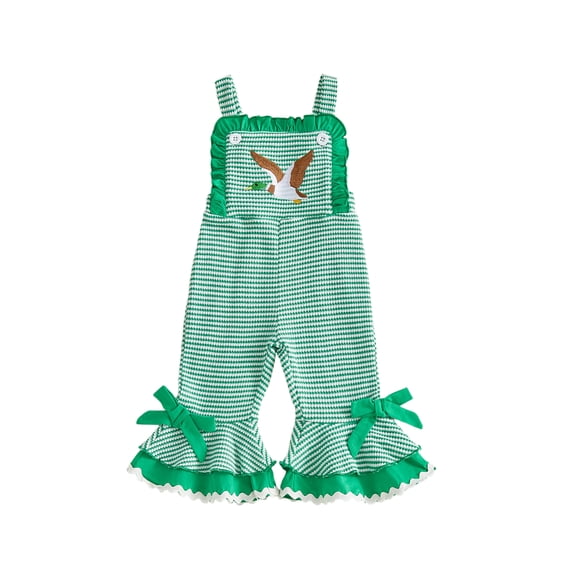 BemeyourBBs Toddler Baby Girls Duck Outfit Waffle Knit Striped Romper Overalls Cute Infant Mallard Embroidery Sleeveless Square Neck Bell Bottoms Jumpsuit One Piece Spring Summer Clothes