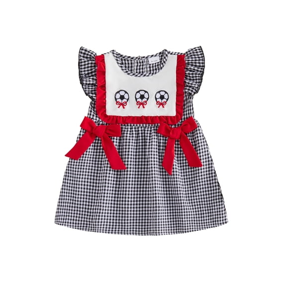 BemeyourBBs Toddler Baby Girls Football Dress Outfit 6 12 18 24 Months 2 3 4 Years Baby Girl Summer Plaid Gingham Dress Soccer Embroidered Fly Sleeve Bow Decor Casual Dress