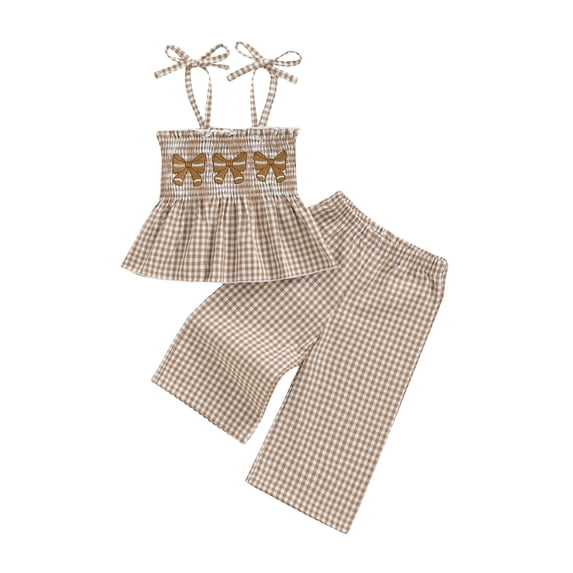 BemeyourBBs Toddler Baby Girls Football Outfit Cute Infant Baby Girls Summer Clothes Plaid Print Bow Football Embroidery Sleeveless Smocked Camisole Tank Top Elastic Waist Wide Leg Pants Set