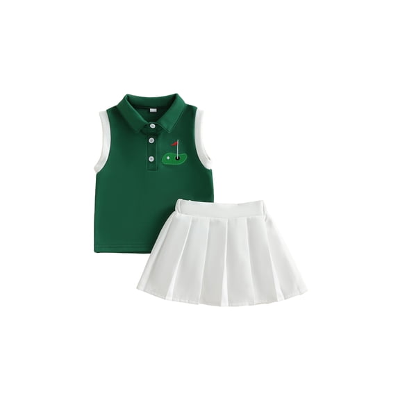 BemeyourBBs Toddler Baby Girls Golf 2 Piece Outfits Summer Clothes Golf Themed Embroidery Sleeveless Turn Down Collar Vest Tank Tops and Pleated Skirt Set