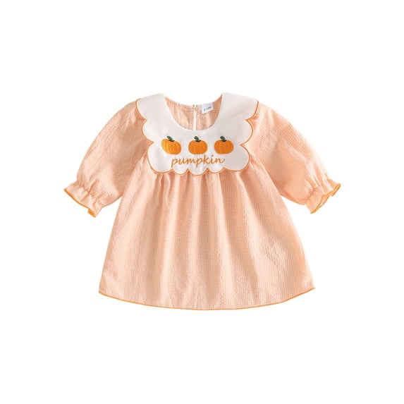 BemeyourBBs Toddler Baby Girls Halloween Dress Outfit Infant Baby Girl Summer Fall Plaid Gingham Dress Pumpkin Ghost Embroidered Crew Neck Puff Long Sleeve Holiday Party Dress