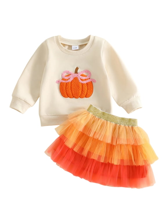 Toddler Baby Girls Halloween Thanksgiving Outfit Baby Girl Fall Clothes Cute Pumpkin Bow Embroidery Long Sleeve Crewneck Sweatshirt with Tulle Skirt 2Pcs Set