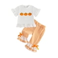 thumbnail image 1 of BemeyourBBs Toddler Baby Girls Halloween Thanksgiving Outfits Infant Baby Girl Summer Fall Clothes Cute Pumpkin Embroidery Bell Short Sleeve T Shirt Tops and Flared Pants Set, 1 of 9