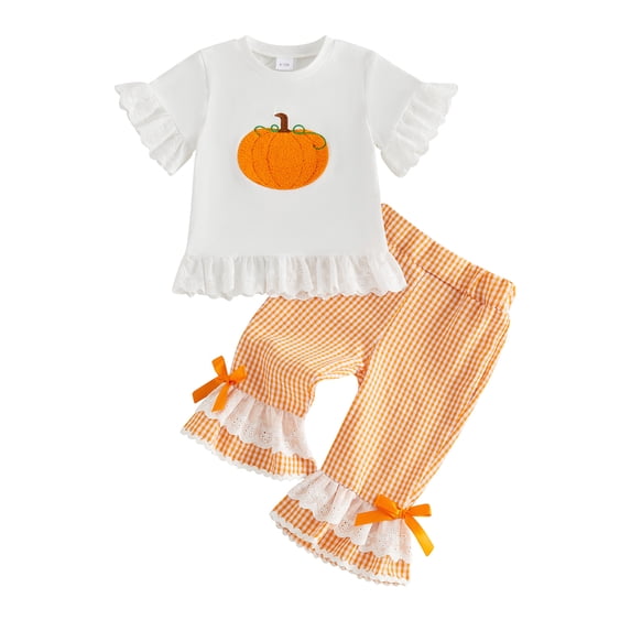 BemeyourBBs Toddler Baby Girls Halloween Thanksgiving Outfits Infant Baby Girl Summer Fall Clothes Cute Pumpkin Embroidery Bell Short Sleeve T Shirt Tops and Flared Pants Set